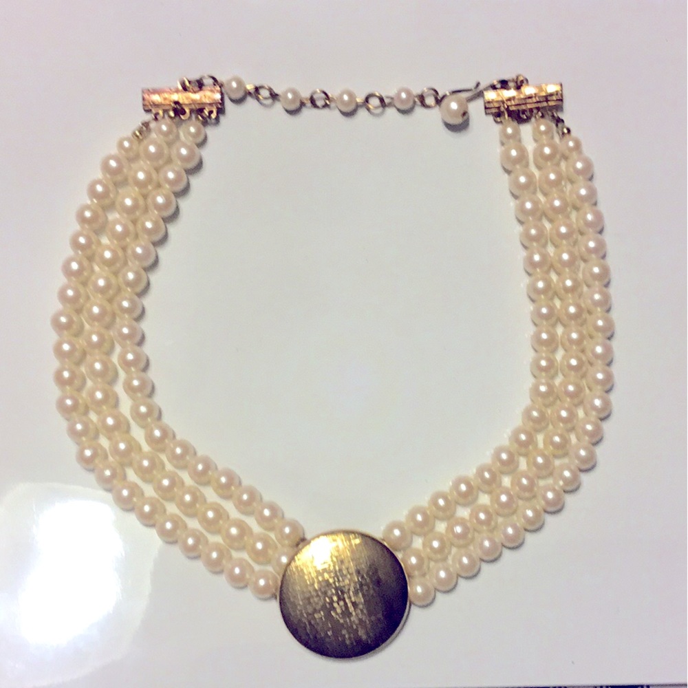 Vintage Necklace by ‘Paula’ 28”; 4 strand Faux cream pearls;Gold tone disc 1.5”